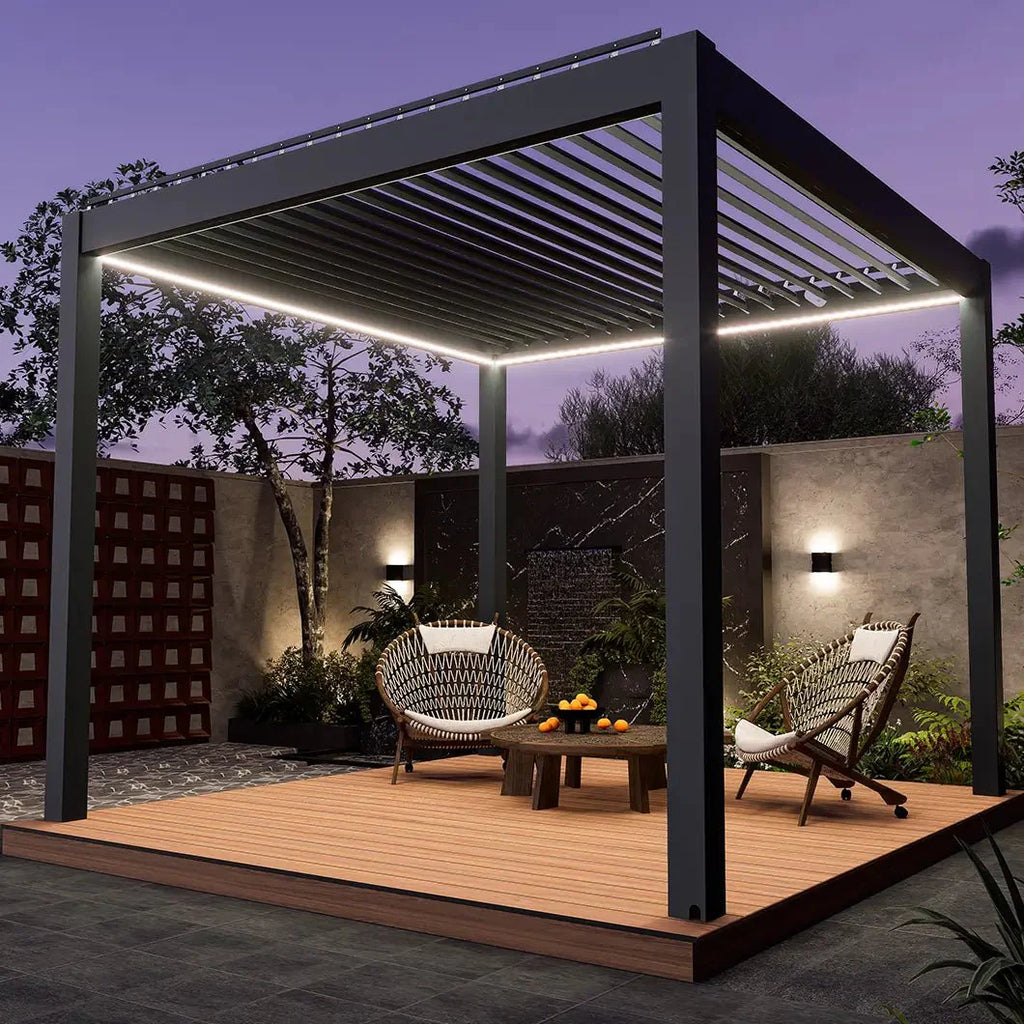Courtyardmart Electric Louvered Pergola with Full Aluminum Frame and LED Lights, Motorized Roof Pergola for Outdoor Patio or Backyard, Modern Metal Pergola System