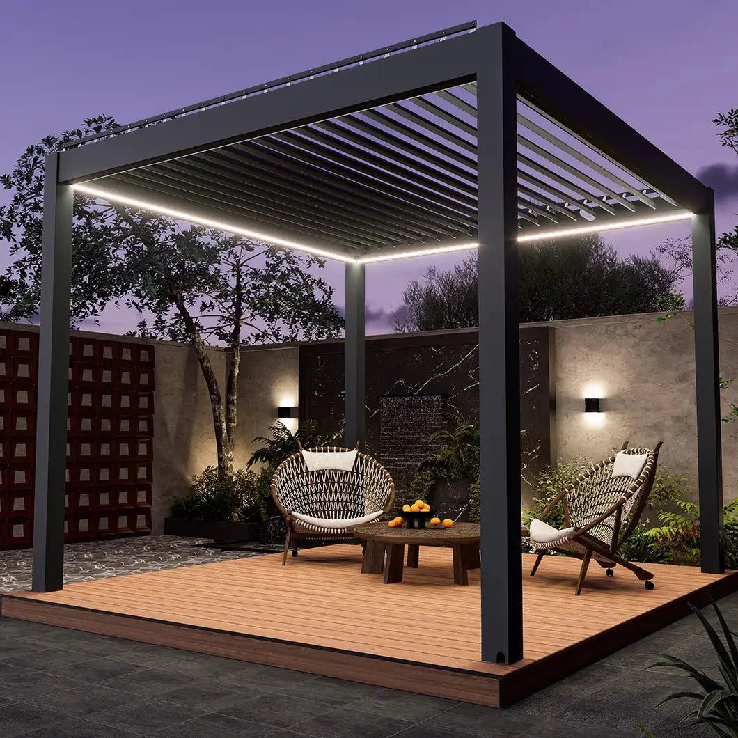 Courtyardmart Electric Louvered Pergola with Full Aluminum Frame and LED Lights, Motorized Roof Pergola for Outdoor Patio or Backyard, Modern Metal Pergola System