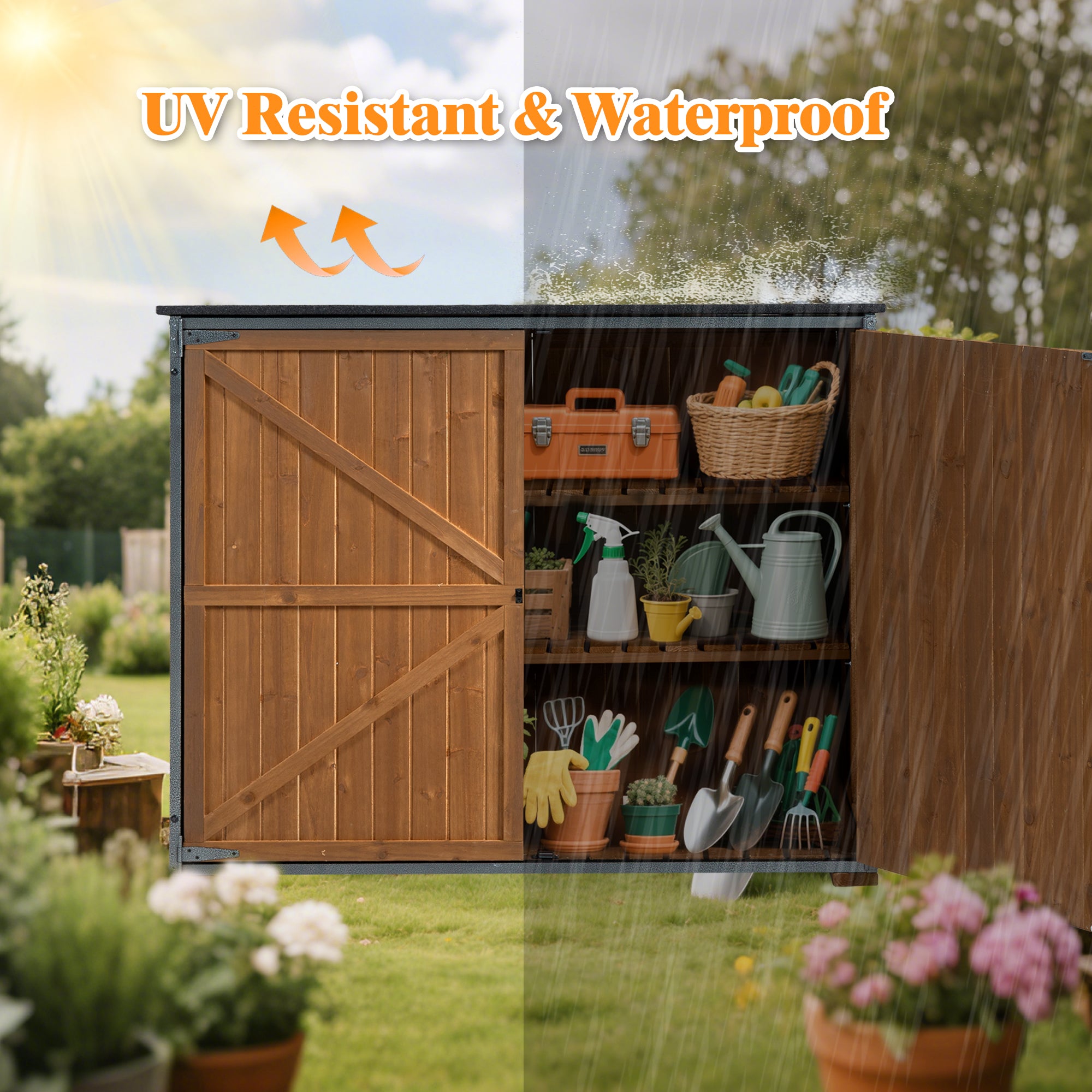 Courtyardmart Outdoor Storage Cabinet 50.4"L X 26.8"W X 41"H, Garden Shed Tool Shed with Metal Frame Structure for Backyard Garden Patio Lawn (Brown) 