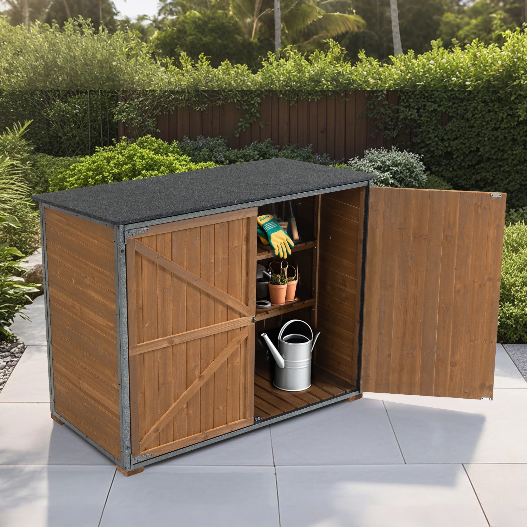 Courtyardmart Outdoor Storage Cabinet 50.4"L X 26.8"W X 41"H, Garden Shed Tool Shed with Metal Frame Structure for Backyard Garden Patio Lawn (Brown) 