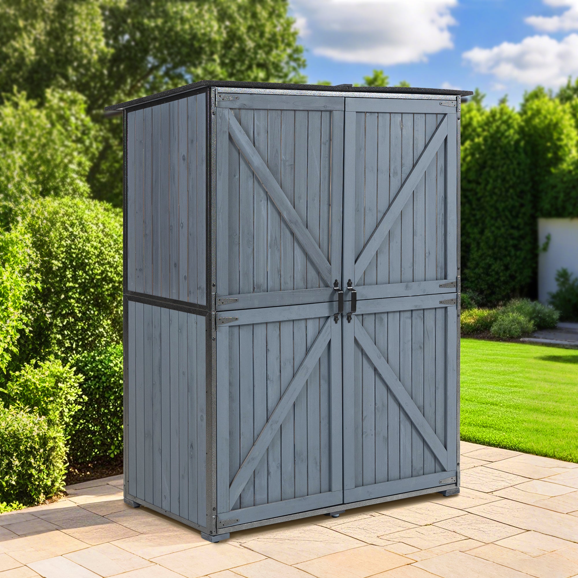 Courtyardmart Outdoor Storage Cabinet 55.1"L X 29.1"W X 68.9"H, Garden Shed Tool Shed with Metal Frame Structure for Backyard Garden Patio Lawn (Blue Gray) 