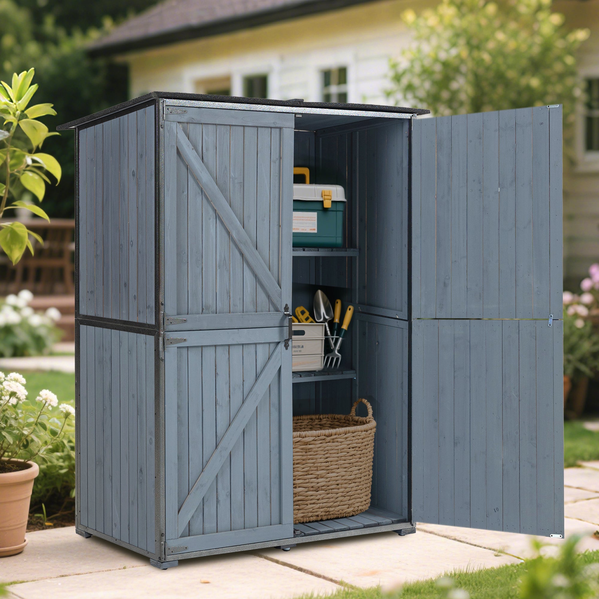 Courtyardmart Outdoor Storage Cabinet 55.1"L X 29.1"W X 68.9"H, Garden Shed Tool Shed with Metal Frame Structure for Backyard Garden Patio Lawn (Blue Gray) 