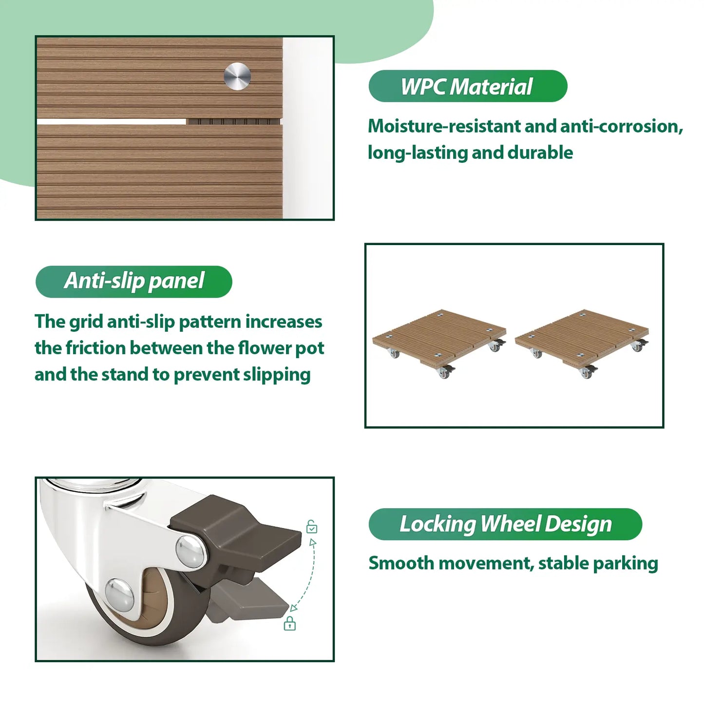 Courtyardmart 15.7in x 15.7in Square Plant Stand with Wheels for Indoor Corner Living Room Balcony Garden Patio Plant Display Base Holder Rack