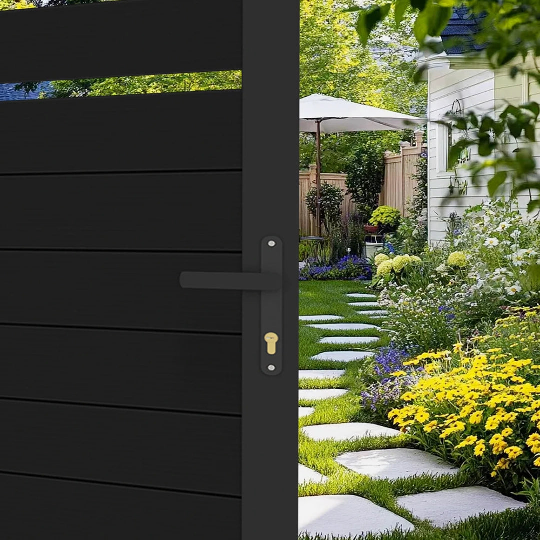 residential metal fence gate with modern slat design