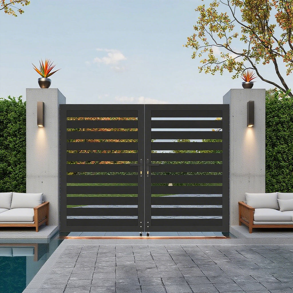 Modern full openwork aluminum fence gate double doors for garden entry