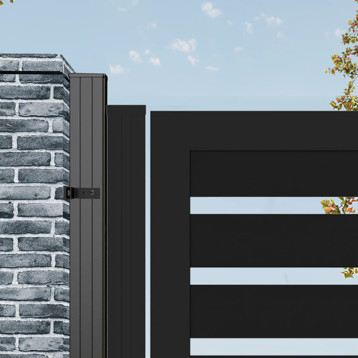 Close-up of black striped aluminum fence gate, durable outdoor construction