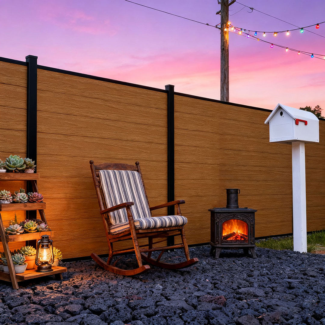 modern backyard privacy fence with natural wood grain look