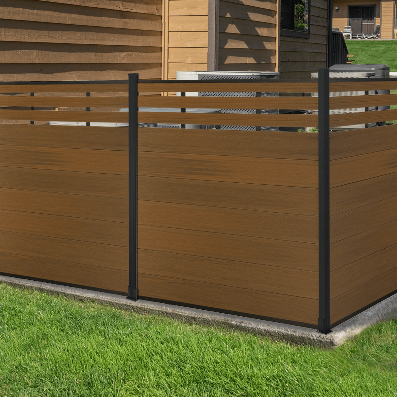 Modern WPC semi-privacy fence with horizontal slats and wood texture