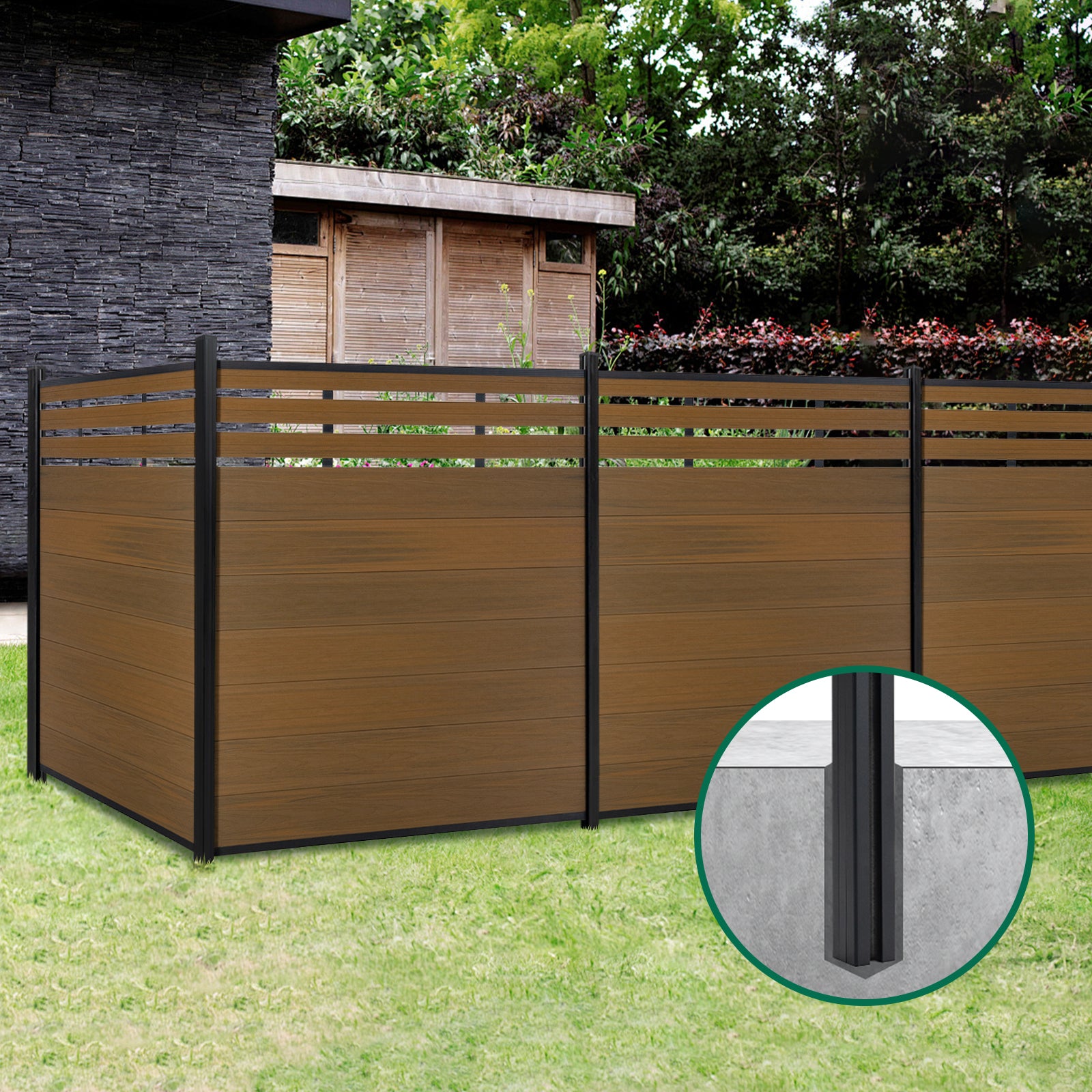 Horizontal slat top composite fence for residential fencing