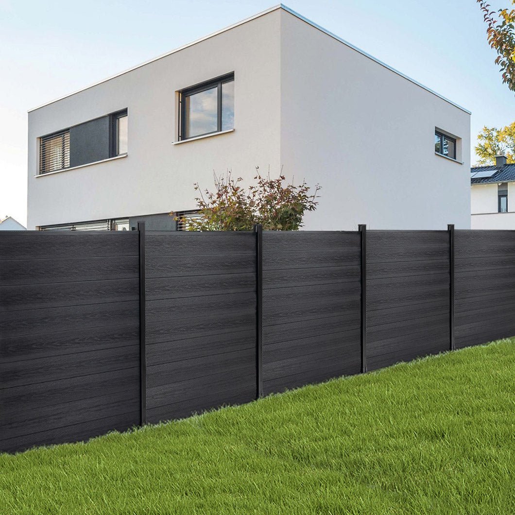 Composite fence boards with natural wood look finish