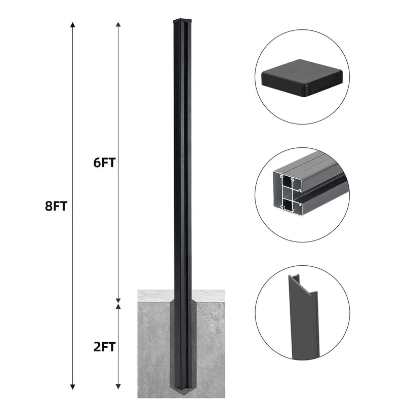 Durable black aluminum fence post for garden and patio