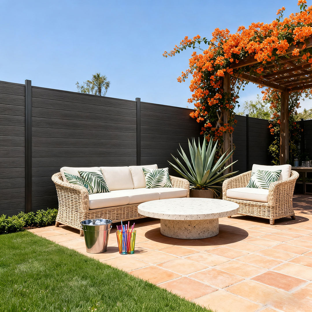 Courtyardmart 8ft x 6ft Brushed Composite Privacy Fence Screen with Black Post for Outdoor Decor In Ground Install for Garden Backyard Patio Porch or Wall