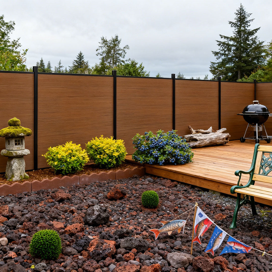 Courtyardmart 8ft x 6ft Brushed Composite Privacy Fence Screen with Black Post for Outdoor Decor In Ground Install for Garden Backyard Patio Porch or Wall
