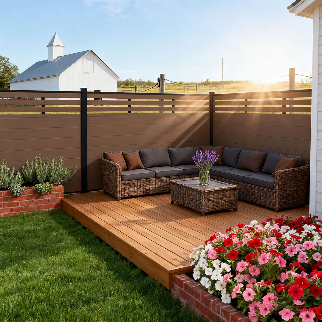 Durable WPC privacy fence screen with brushed wood finish for patio or porch