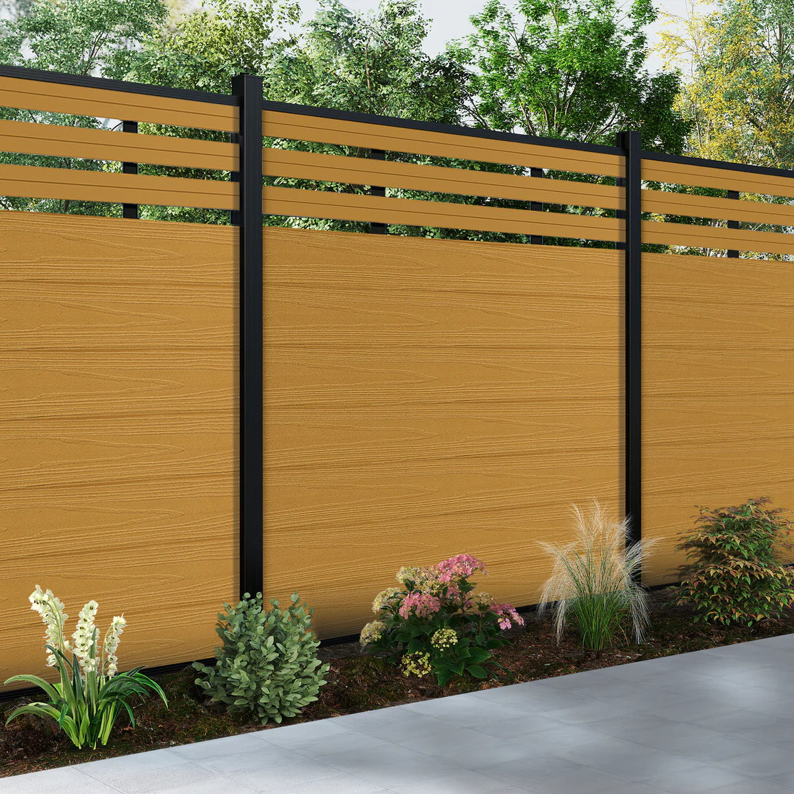 Modern Wood-Finish Composite Fence with Slat Top – 6ft Wide Panel (8ft Posts)
