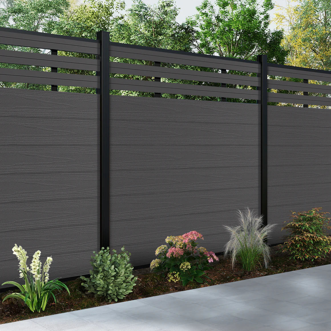Modern Wood-Finish Composite Fence with Slat Top – 6ft Wide Panel (8ft Posts)