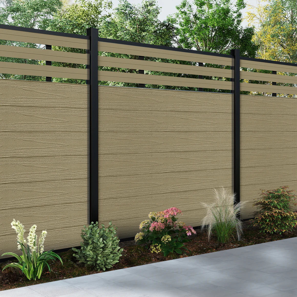 Modern Wood-Finish Composite Fence with Slat Top – 6ft Wide Panel (8ft Posts)