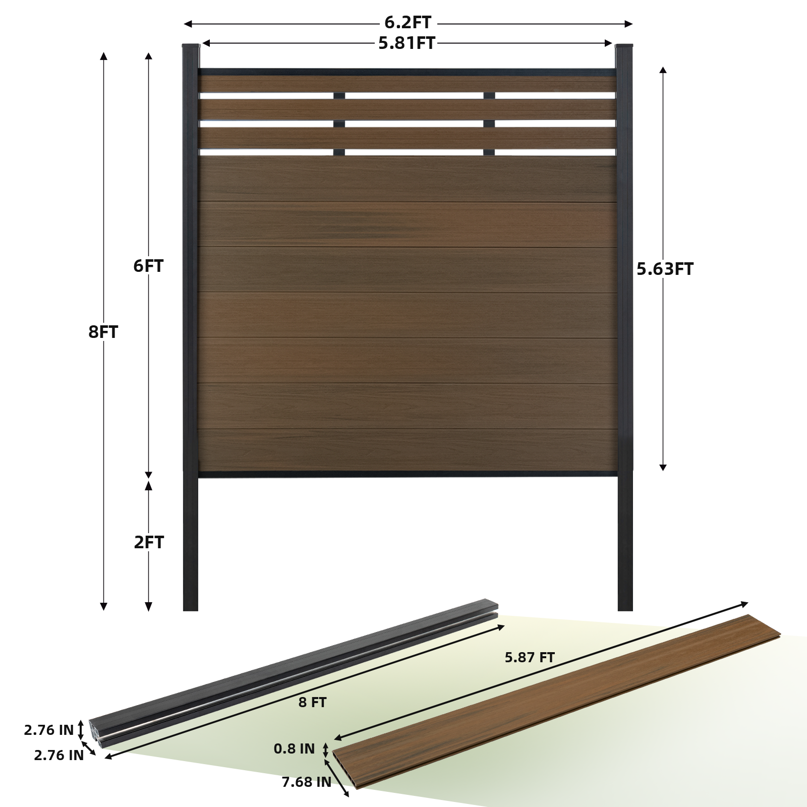 Modern Wood-Finish Composite Fence with Slat Top – 6ft Wide Panel (8ft Posts)