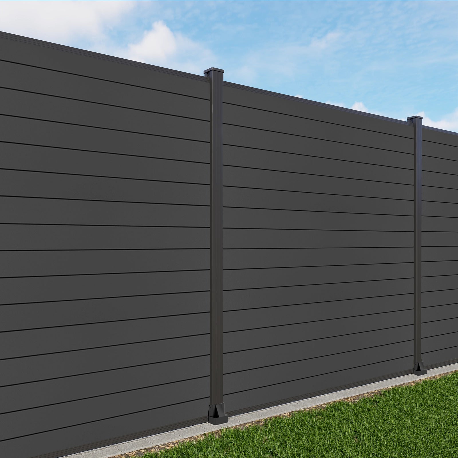 Modern horizontal slat aluminum privacy fence surrounding a residential backyard