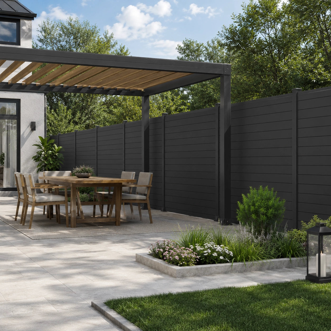 Modern aluminum privacy fence used to create a private outdoor living space