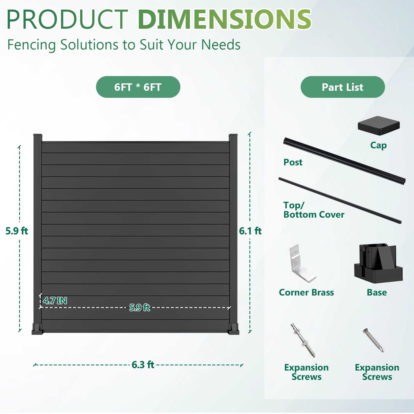 6 ft x 6 ft aluminum privacy fence panel dimensions and horizontal slat layout 6ft H post