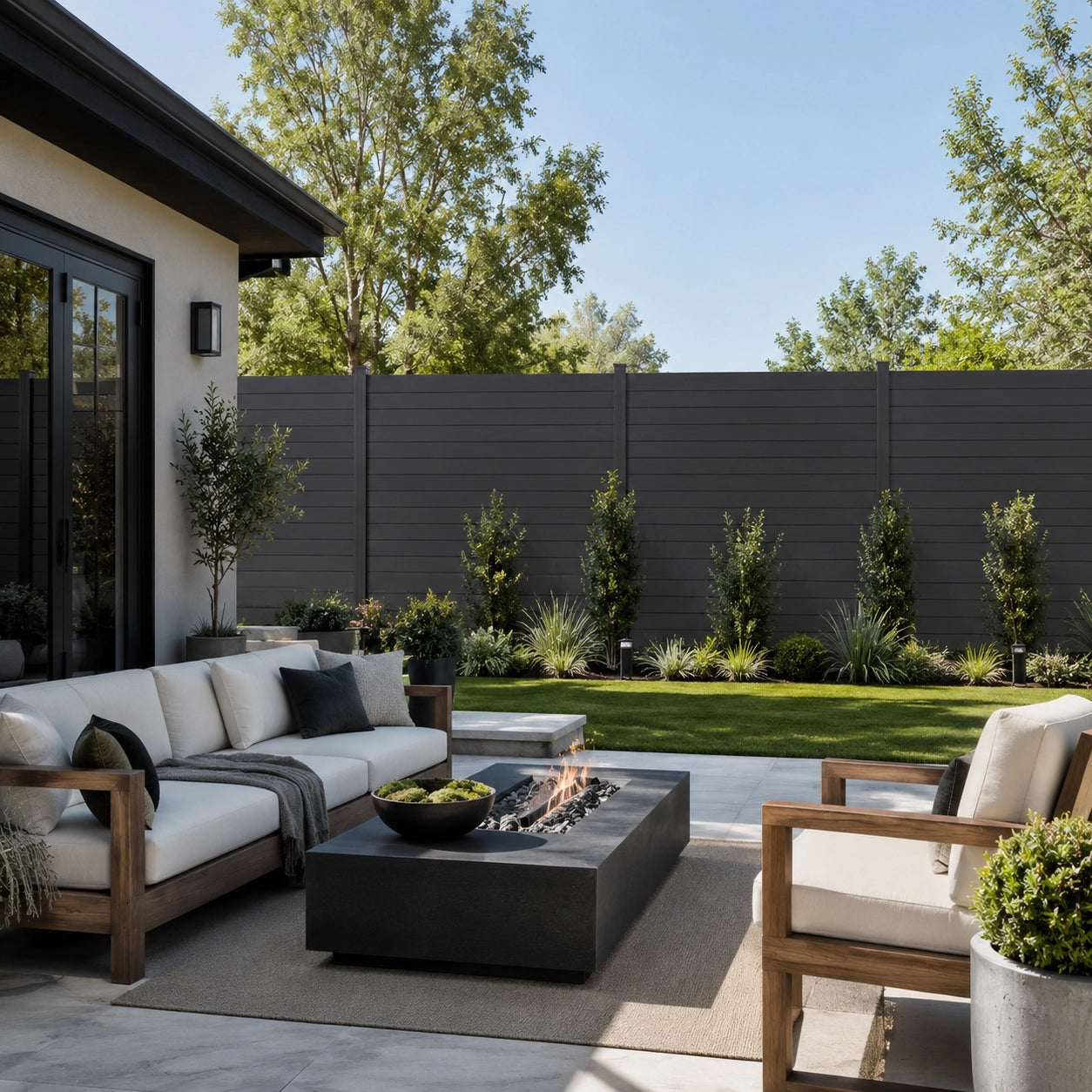 Fully enclosed horizontal slat aluminum fence providing privacy around an outdoor patio