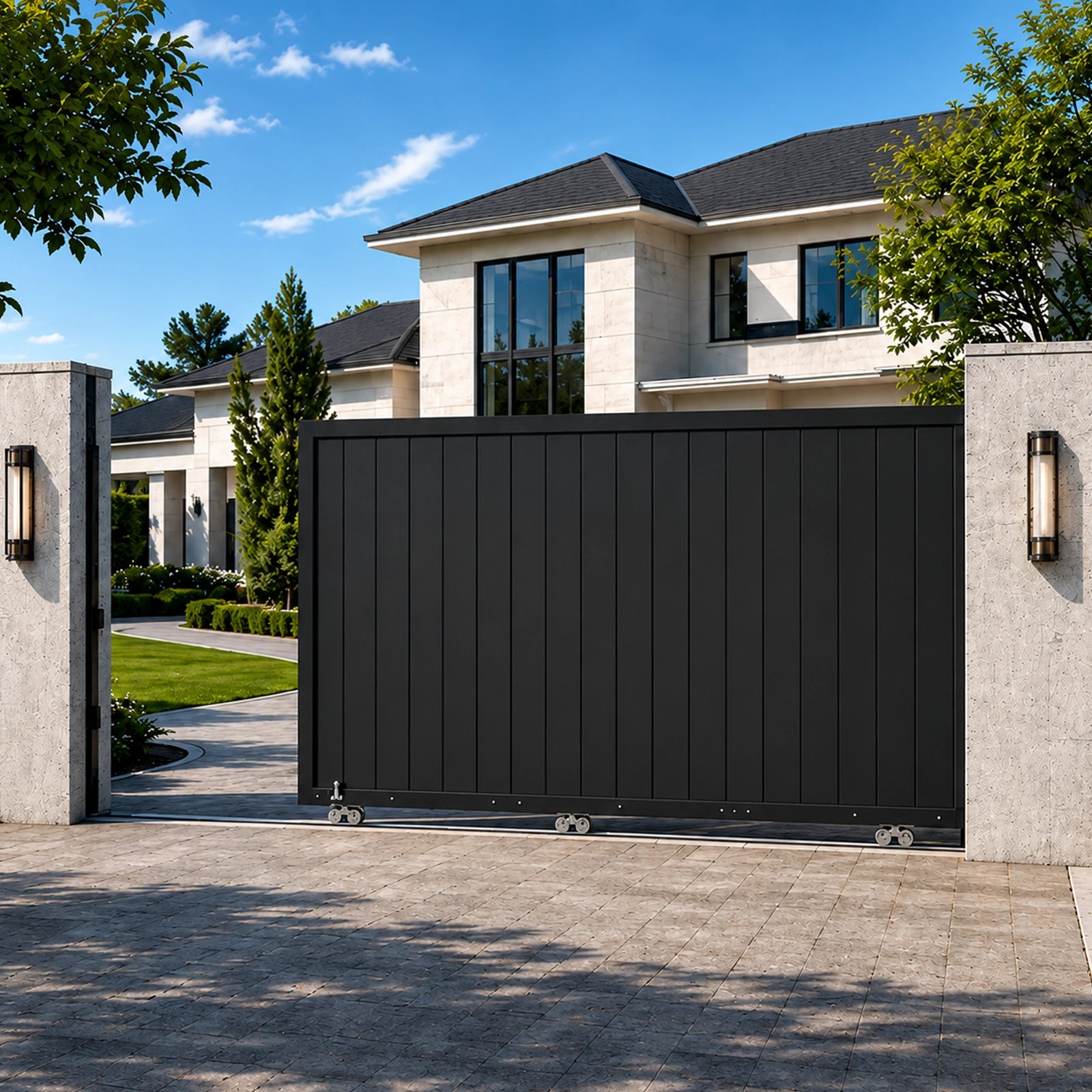Automatic black sliding security gate opened along driveway with modern residential house background.
