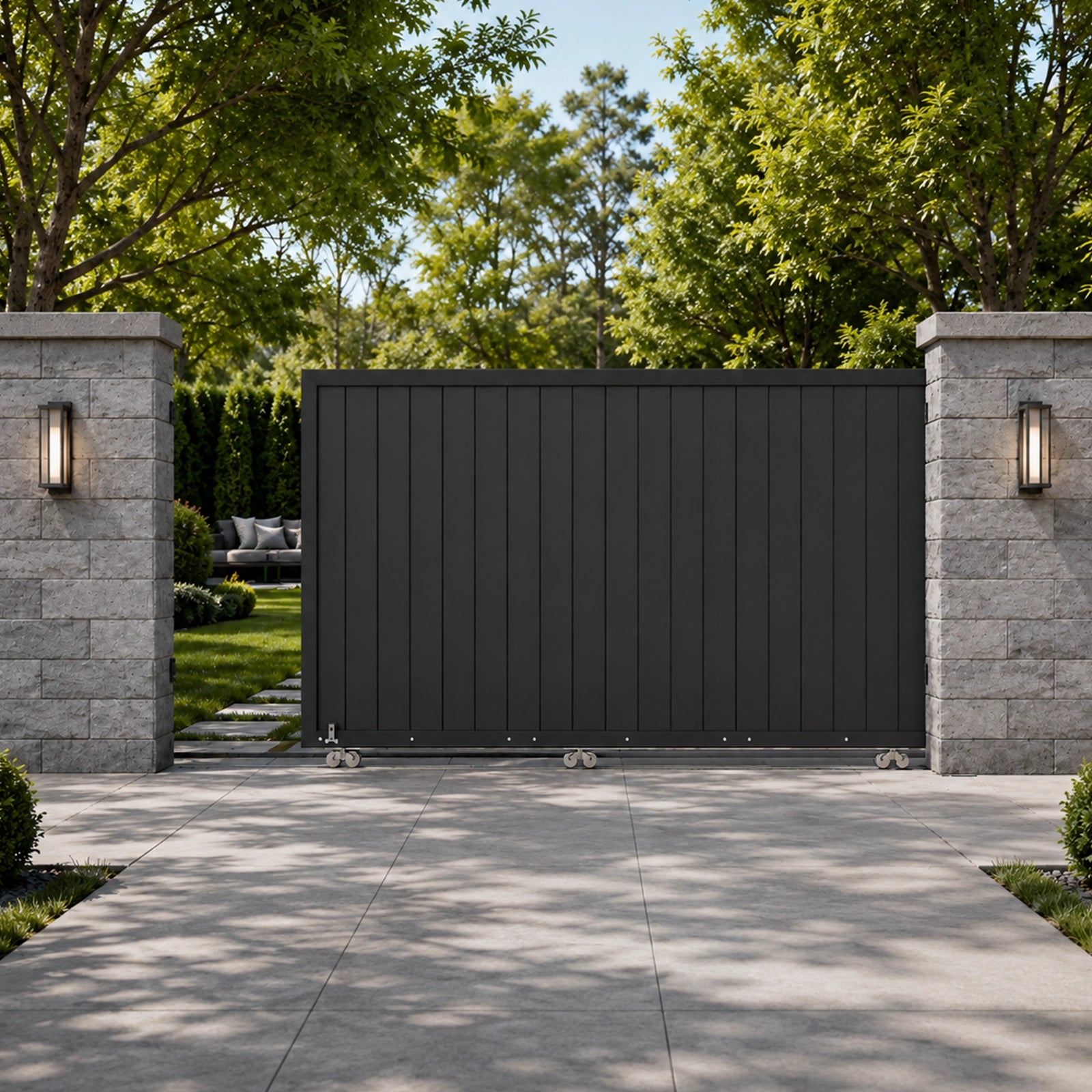 Sturdy vertical slat black sliding gate installed between stone pillars for residential security.
