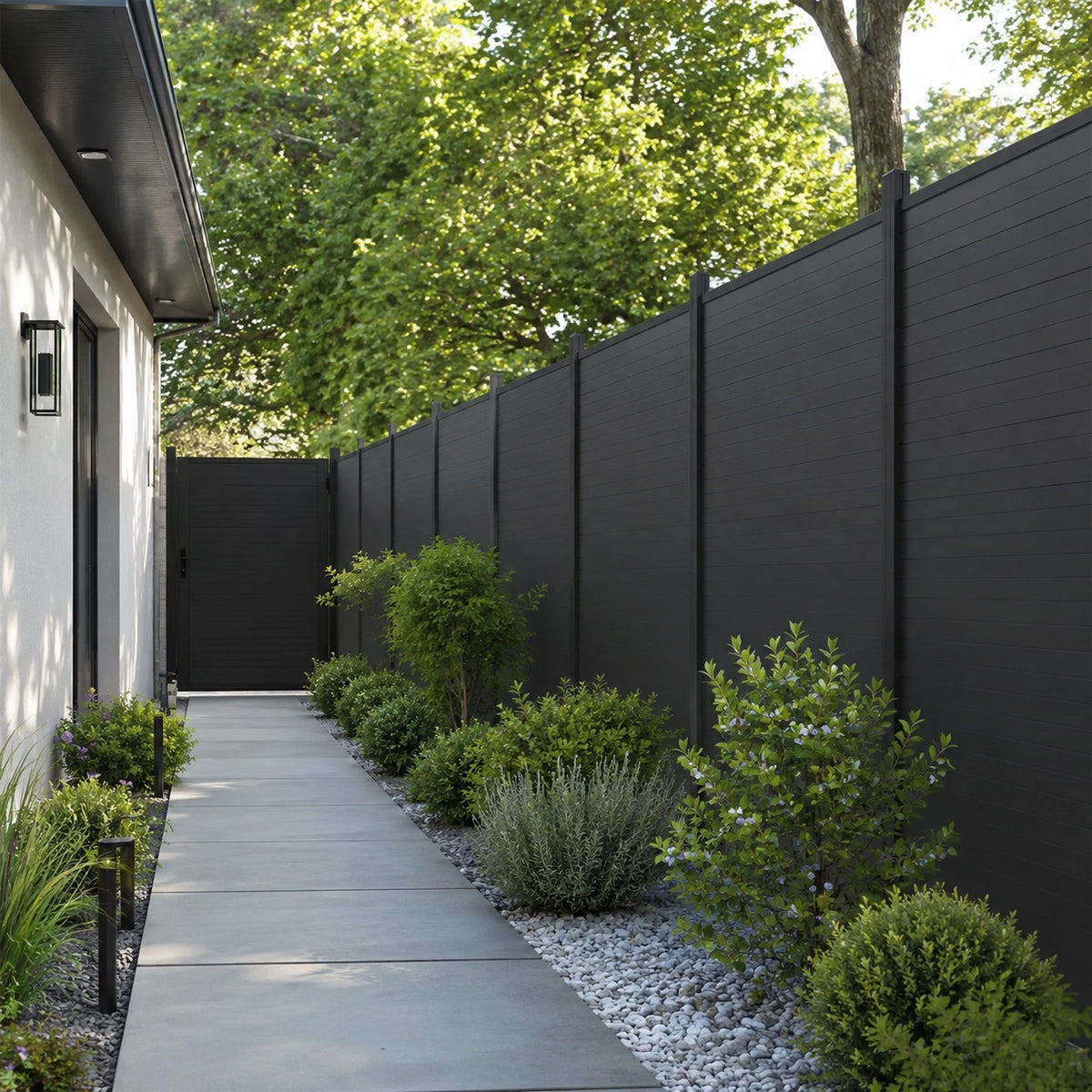 Black composite privacy fence panels and matching gate lining a concrete side yard walkway with lush landscaping.