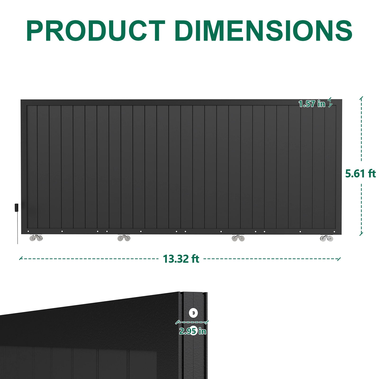 Product dimensions diagram for 13.3ft length by 5.6ft height black aluminum sliding gate.