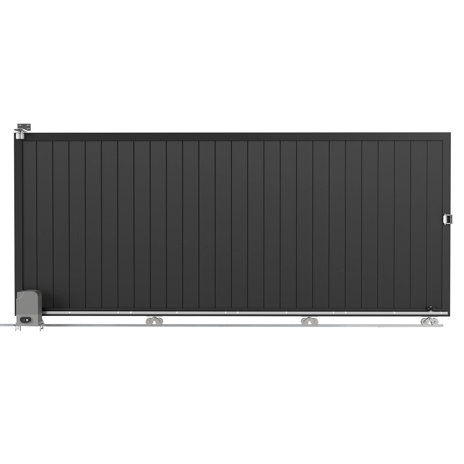 Back view diagram of black sliding driveway gate showing aluminum frame and bottom track system.