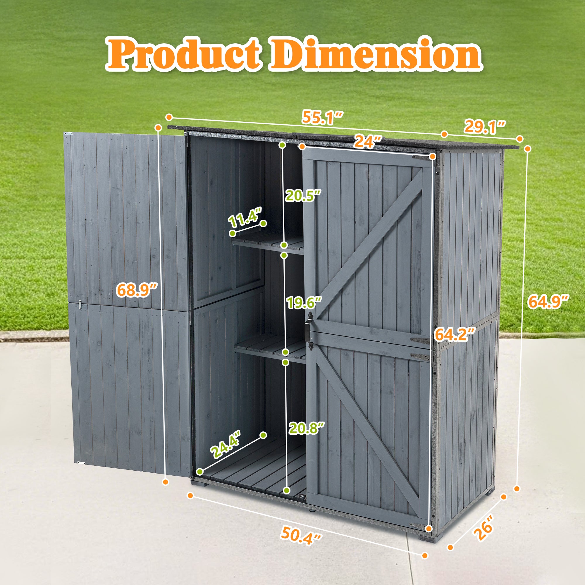 Courtyardmart Outdoor Storage Cabinet 55.1"L X 29.1"W X 68.9"H, Garden Shed Tool Shed with Metal Frame Structure for Backyard Garden Patio Lawn (Blue Gray) 