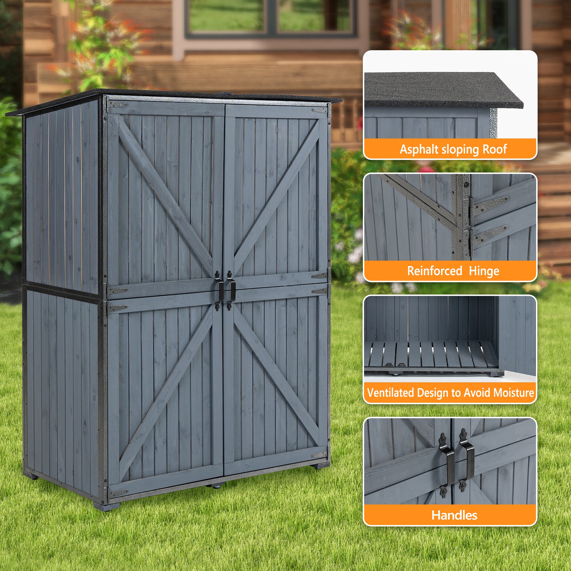 Courtyardmart Outdoor Storage Cabinet 55.1"L X 29.1"W X 68.9"H, Garden Shed Tool Shed with Metal Frame Structure for Backyard Garden Patio Lawn (Blue Gray) 