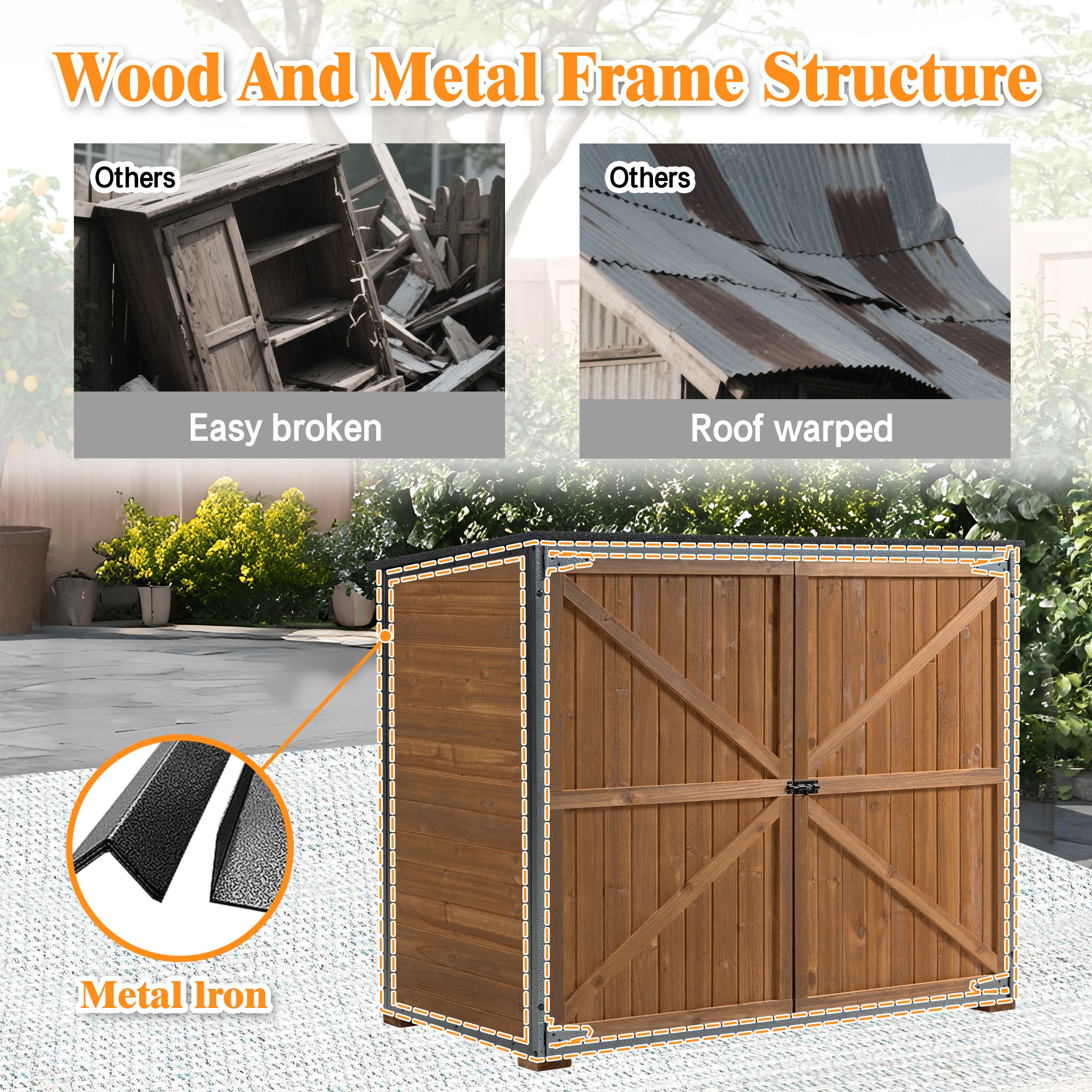 Courtyardmart Outdoor Storage Cabinet 50.4"L X 26.8"W X 41"H, Garden Shed Tool Shed with Metal Frame Structure for Backyard Garden Patio Lawn (Brown) 