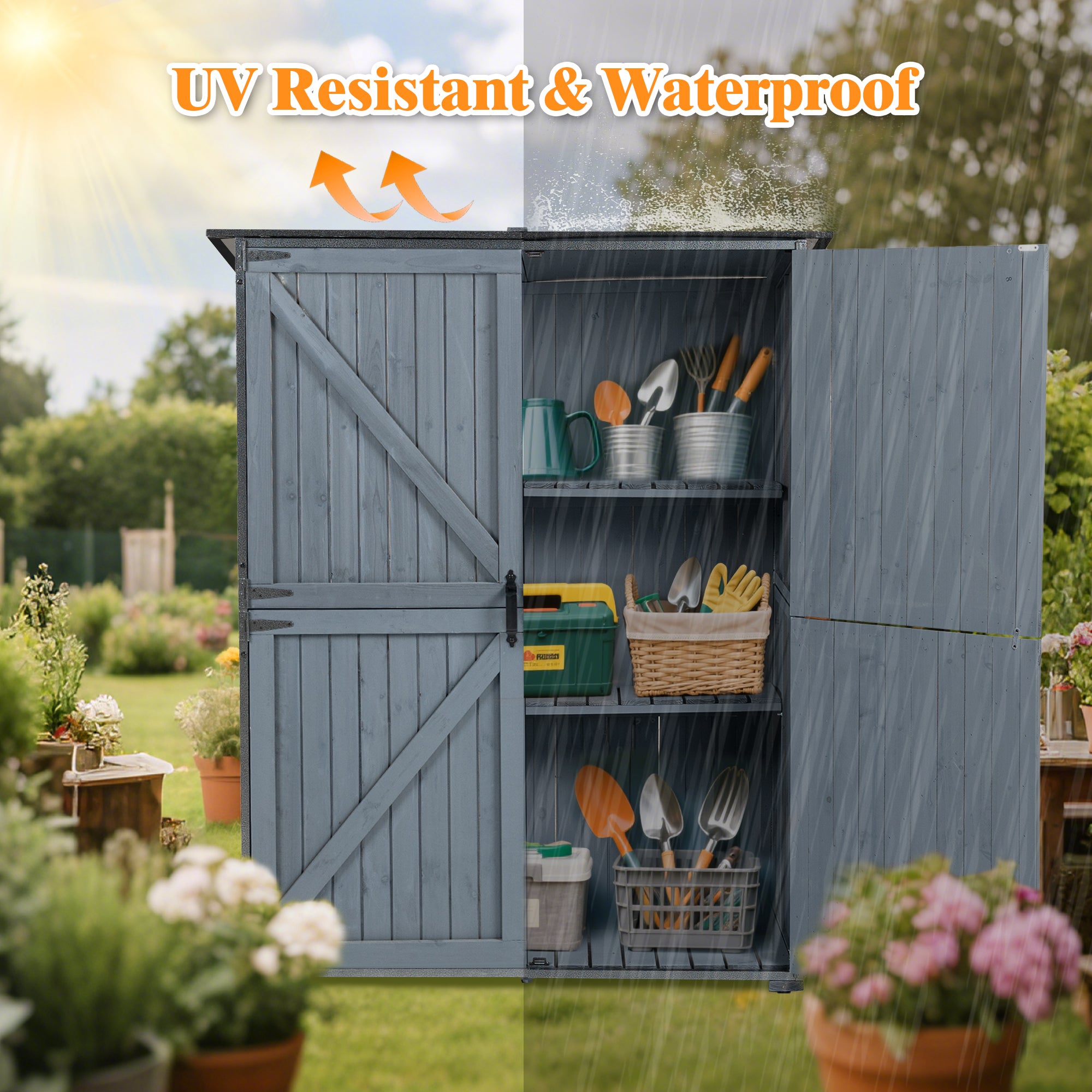 Courtyardmart Outdoor Storage Cabinet 55.1"L X 29.1"W X 68.9"H, Garden Shed Tool Shed with Metal Frame Structure for Backyard Garden Patio Lawn (Blue Gray) 