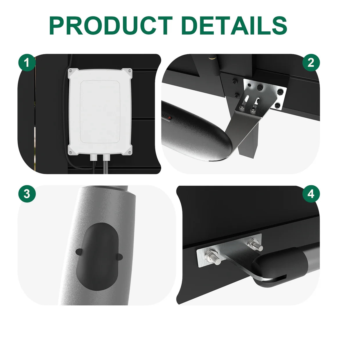 Product hardware details of heavy duty aluminum double gate including hinges and lockbox.
