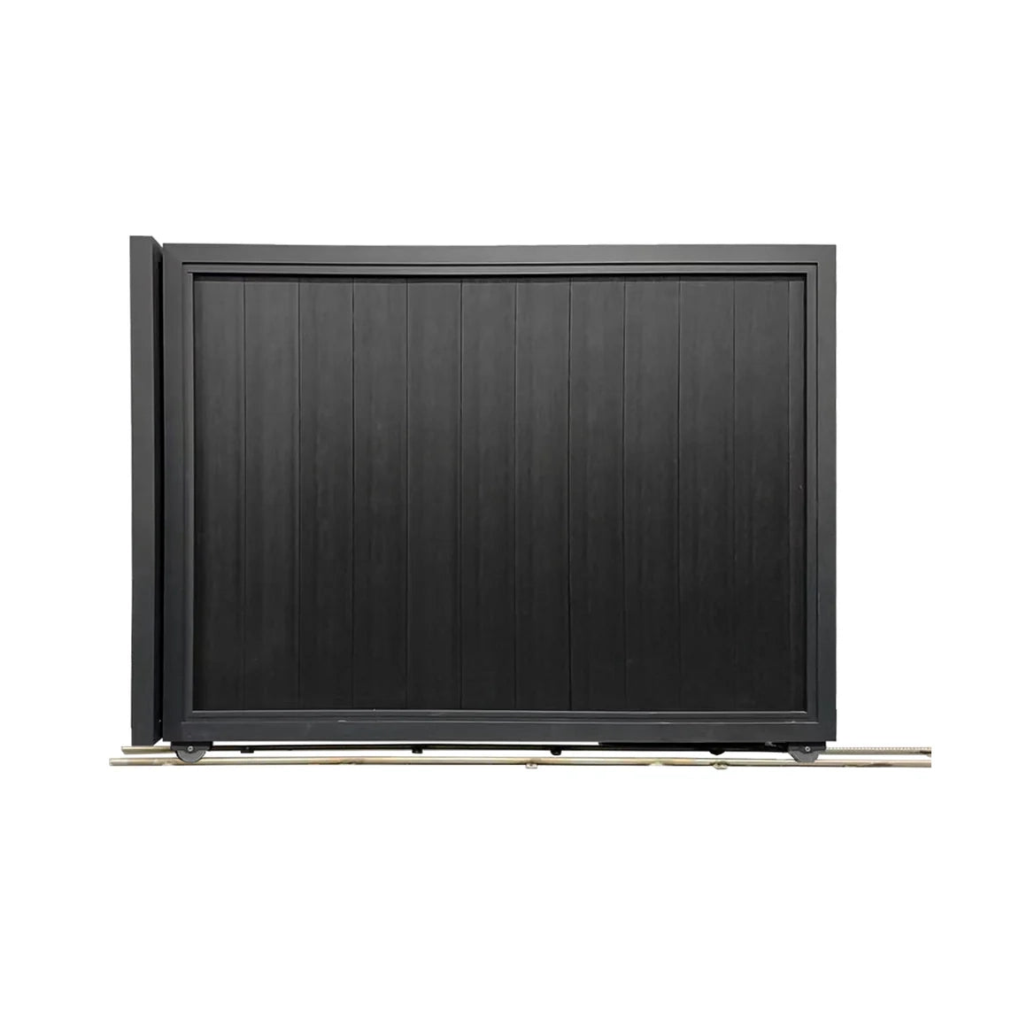 16ft aluminum sliding driveway gate single panel profile in premium black matte finish.