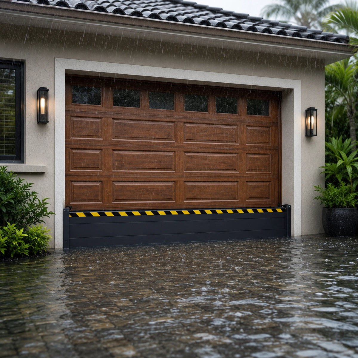 Black heavy duty aluminum water barrier gate protecting residential garage during heavy rain