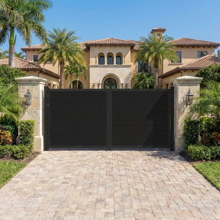 Luxury estate automatic black driveway gate offering full privacy for residential property.