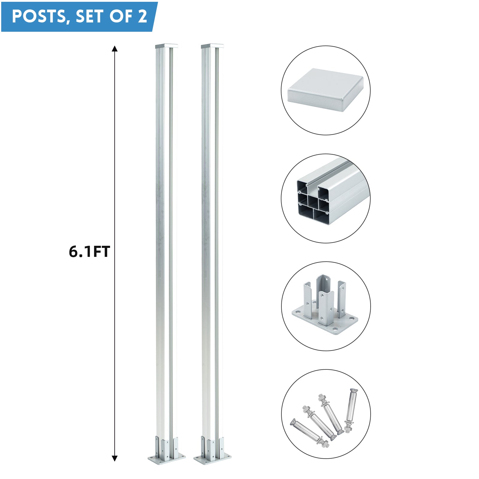 Mondaria 6ft Horizontal Composite Privacy Garden Fence Post - Silver, Set of 2 - CourtyardMart