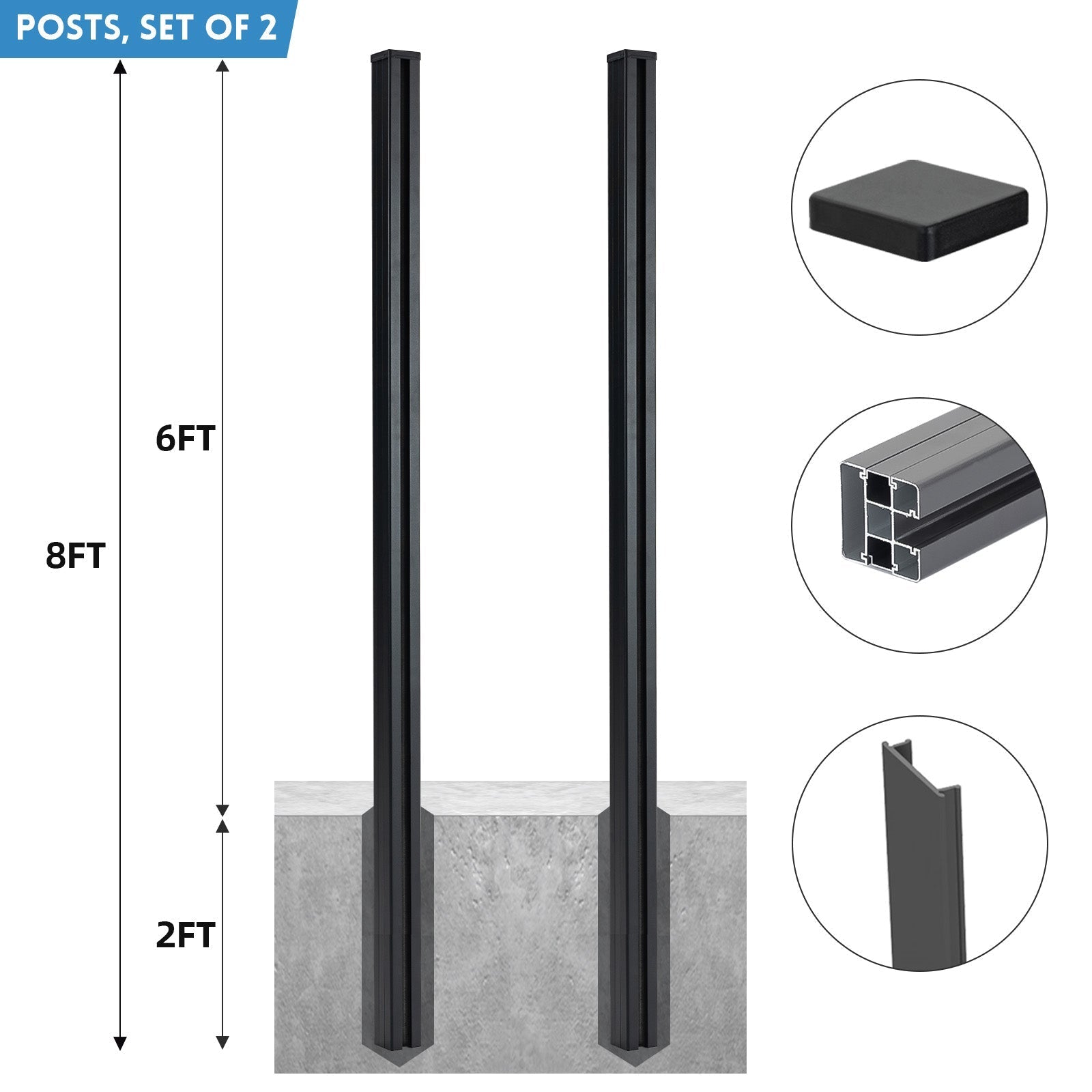 Mondaria 8 Ft In - Ground Fence Post - Set of 2 (Concrete Installation) - CourtyardMart