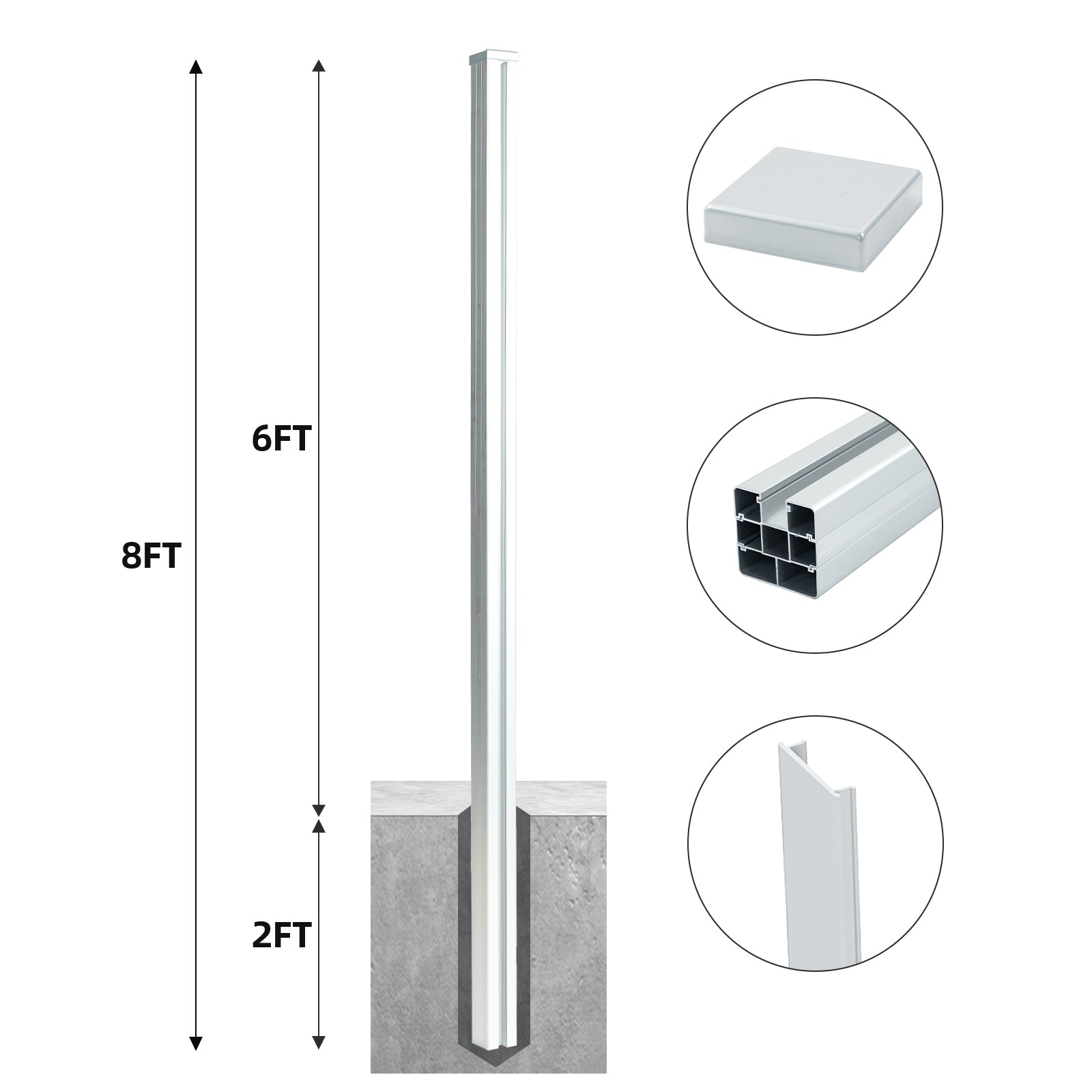 Mondaria 8 Ft Silver In - Ground Fence Post - Set of 1 (Concrete Installation) - CourtyardMart