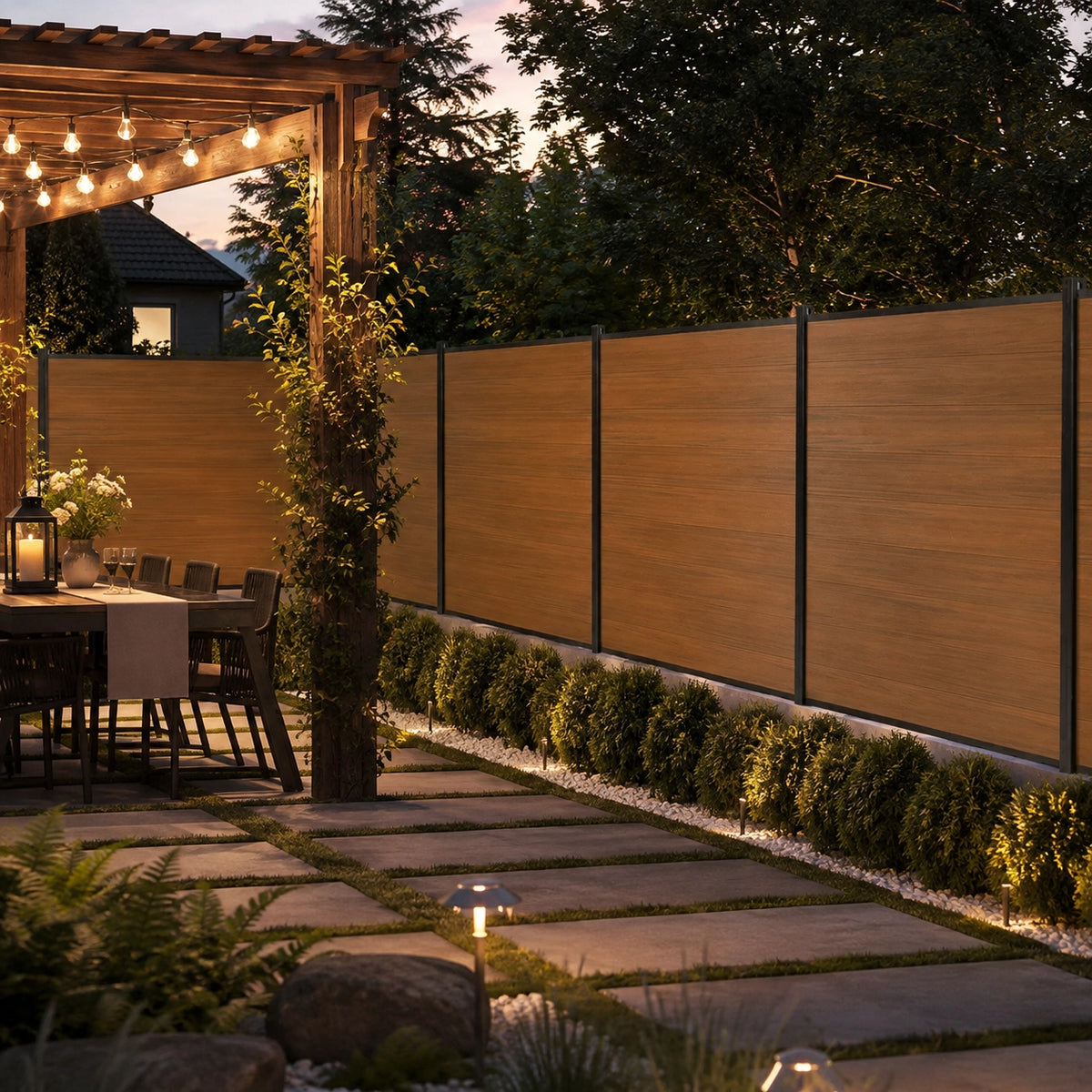 Premium 6ft x 6ft composite privacy fence panels with WPC wood finish installed around an illuminated backyard patio dining area.
