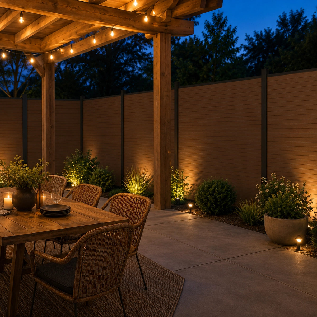Wood-finish composite privacy fence panel system surrounding an outdoor dining patio under a wooden pergola with evening lights.