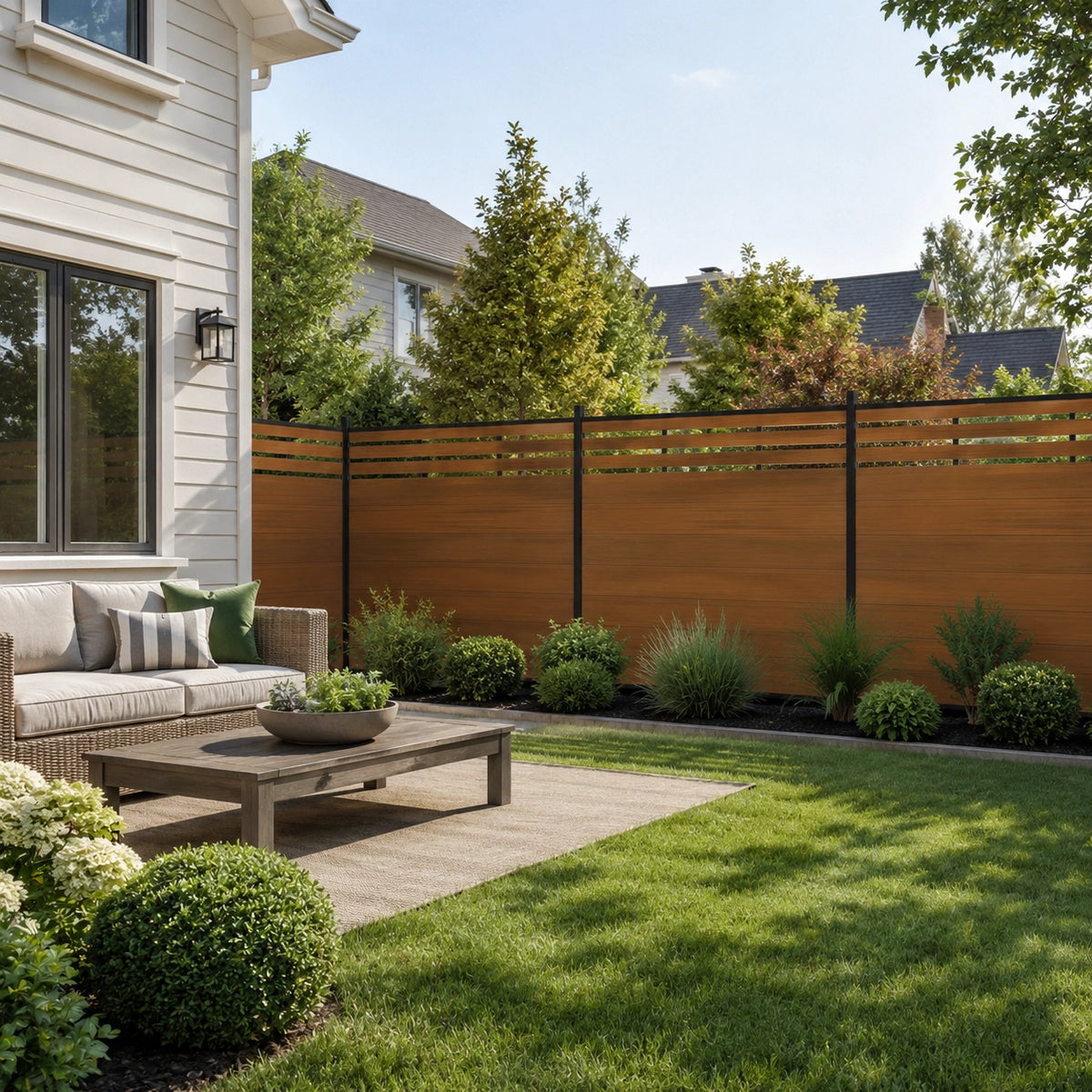 Wood-finish composite fence with slat top design serving as a privacy barrier for a residential green lawn and outdoor patio seating area.