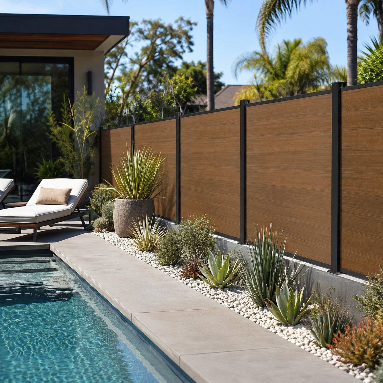 Modern WPC wood finish composite privacy fence panel system surrounding a residential swimming pool with sun loungers.
